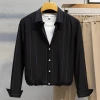 In 2025, men's long-sleeved casual Korean-style trendy, elastic, slim and cool shirt with a white striped top details Picture